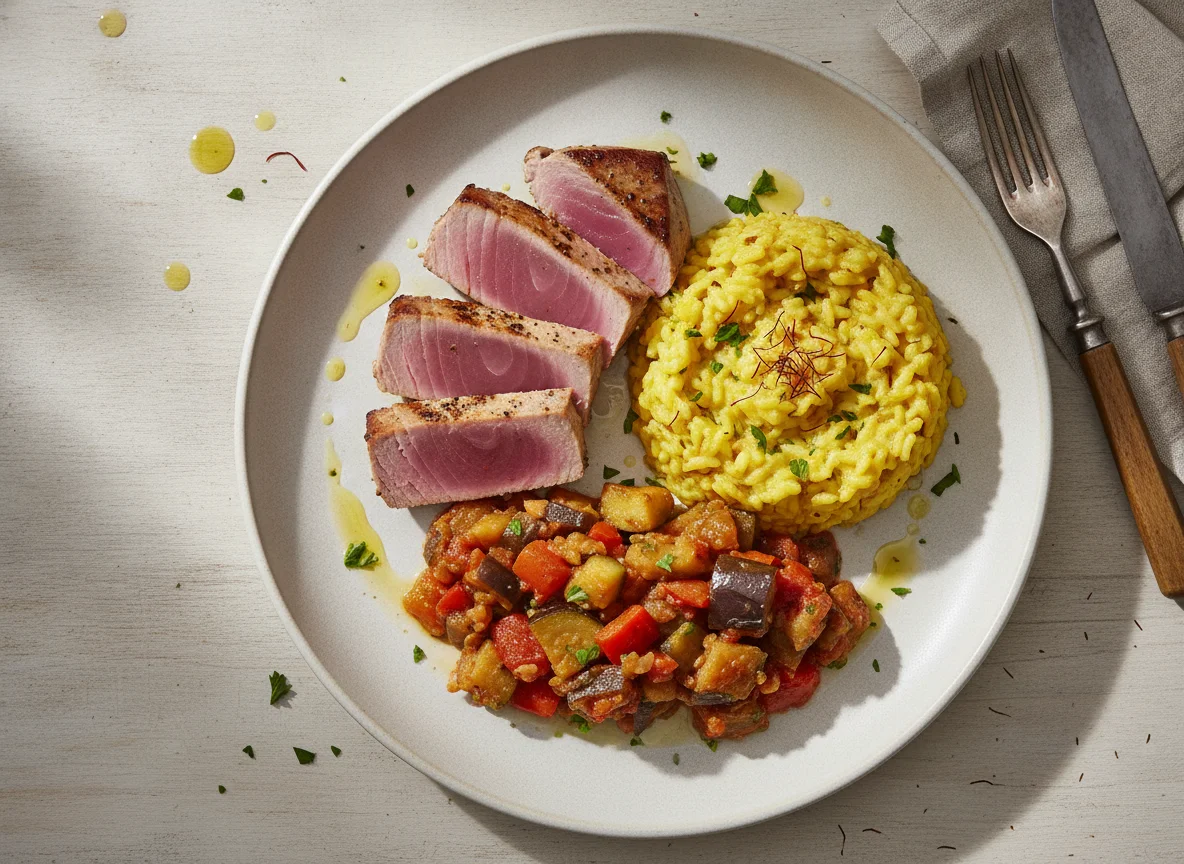 Tuna steak with saffron risotto and ratatouille photo