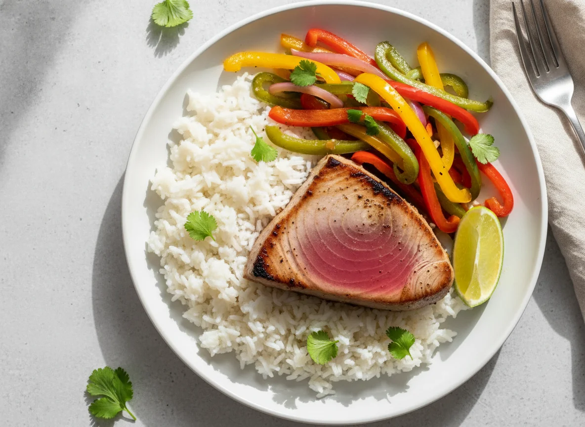 Tuna steak with white rice and sautéed vegetables photo