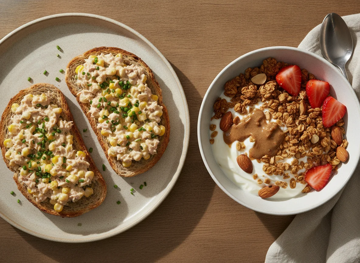 Tuna Sweetcorn Toast and Yogurt Bowl with Granola and Strawberries photo