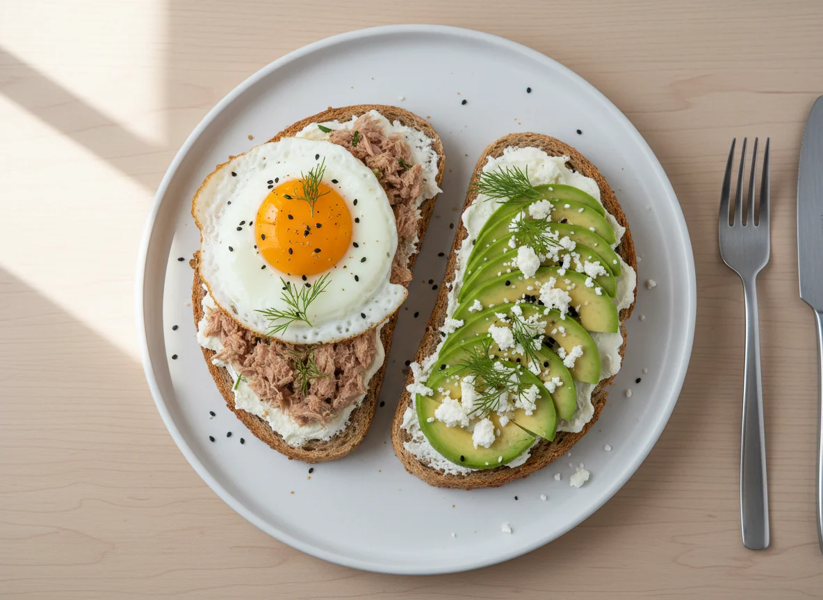 Tuna toast with egg, avocado and cheese photo