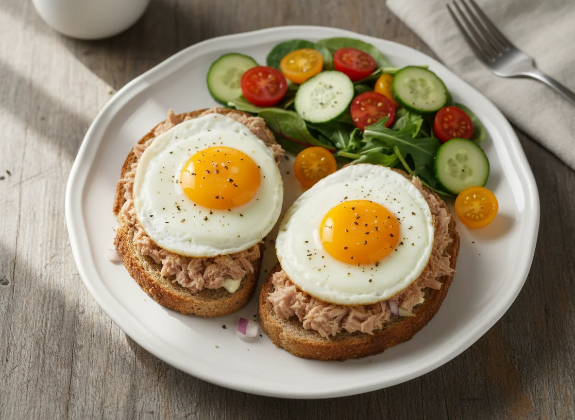 Tuna Toast with Fried Eggs and Salad photo