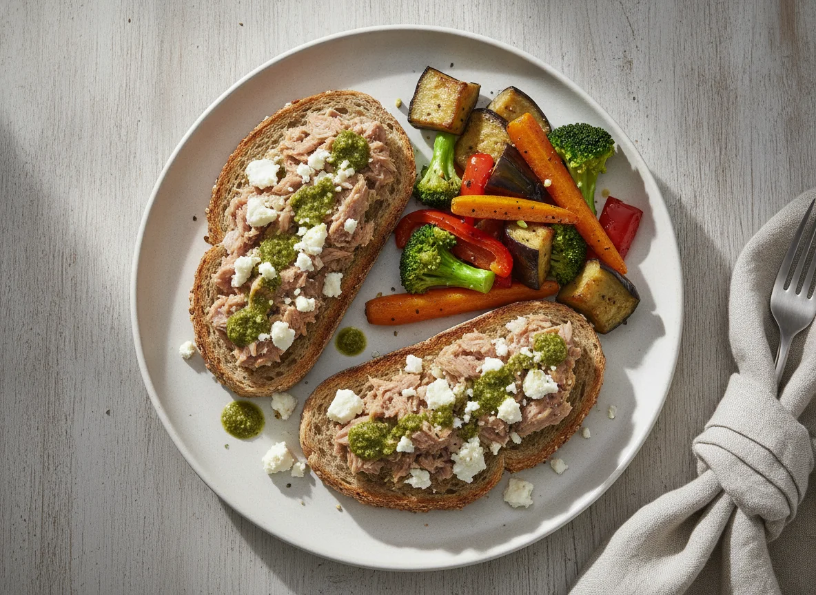 Tuna toast with roasted vegetables, cheese and pesto photo