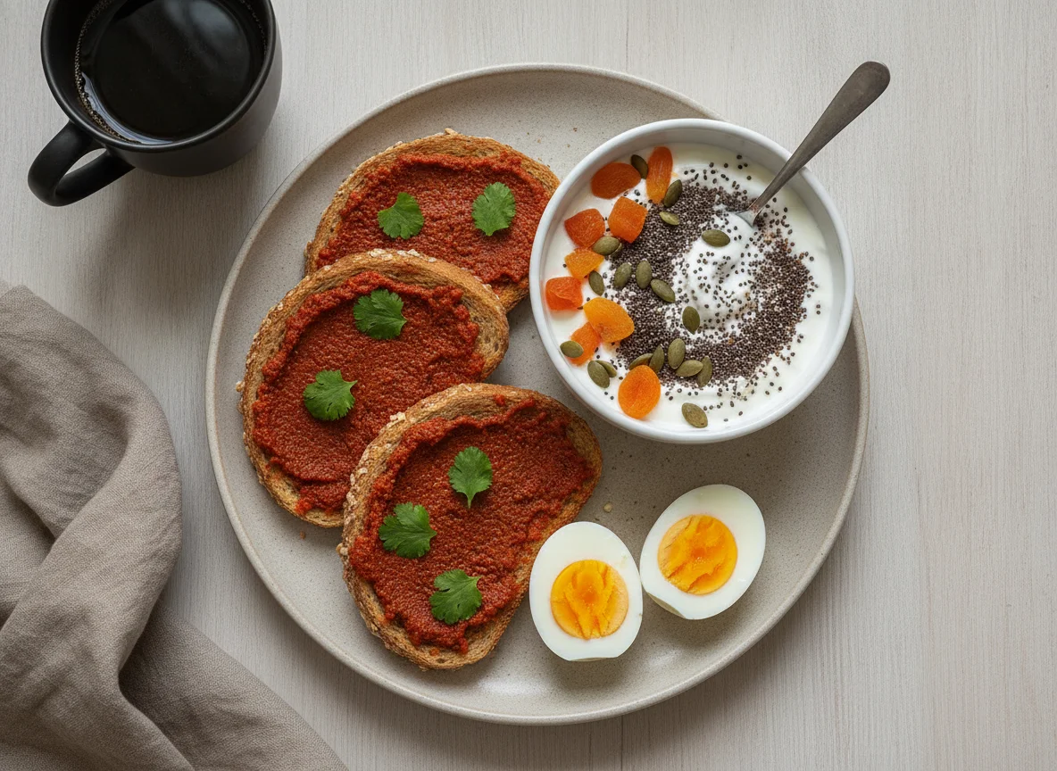 Tunisian Breakfast Platter with Harissa Toast, Eggs, and Yogurt Bowl photo