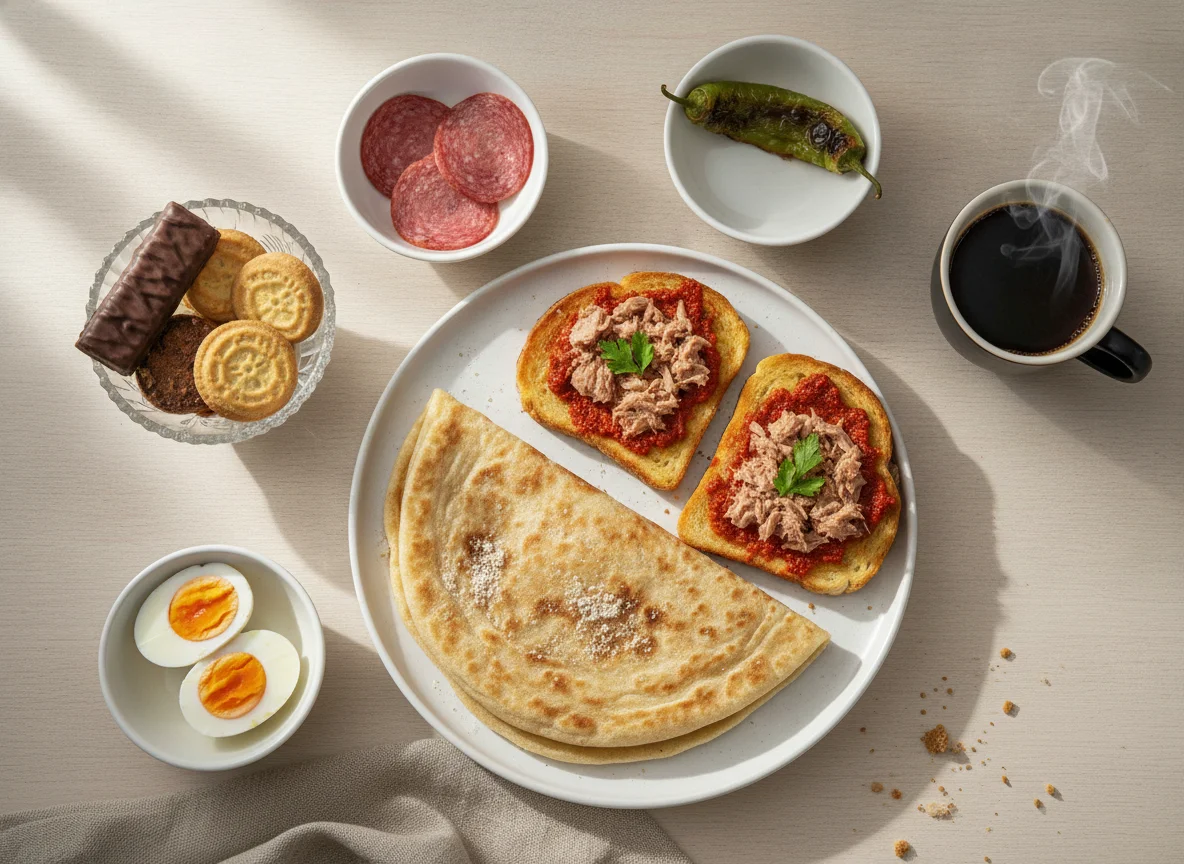 Tunisian Breakfast Spread with Mlewi, Egg Toast, and Sweets photo
