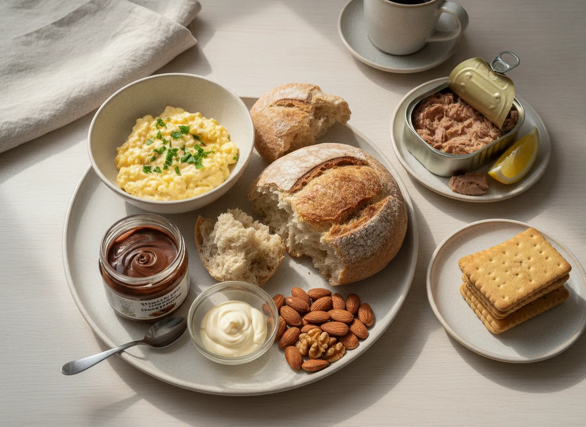 Tunisian breakfast with bread, eggs, tuna, biscuits and nuts photo