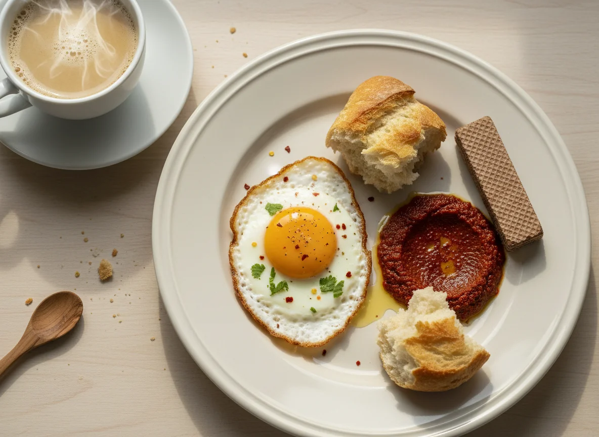 Tunisian Breakfast with Fried Egg, Harissa, Bread, Coffee, and Wafer photo