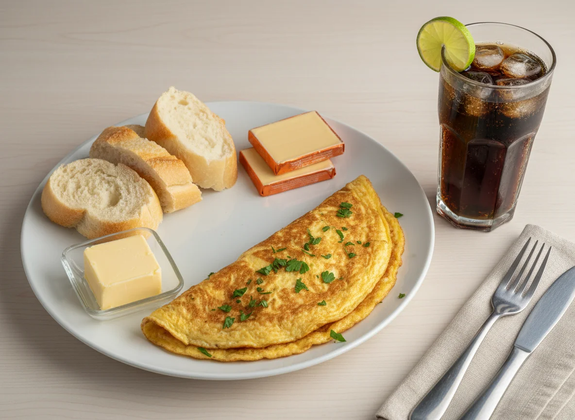 Tunisian Breakfast with Omelette, Bread, Cheese, Butter, and Drink photo