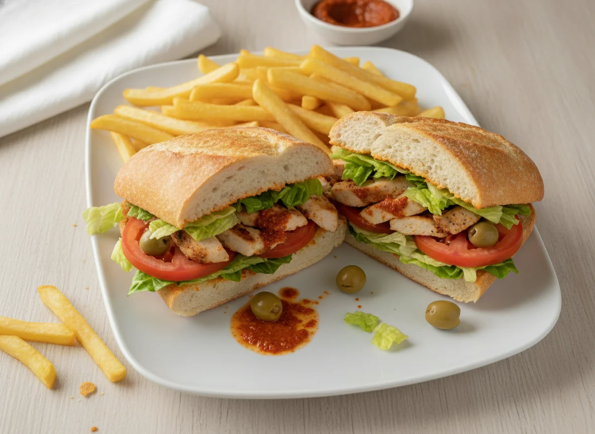 Tunisian Chicken Baguette Sandwich with Fries photo