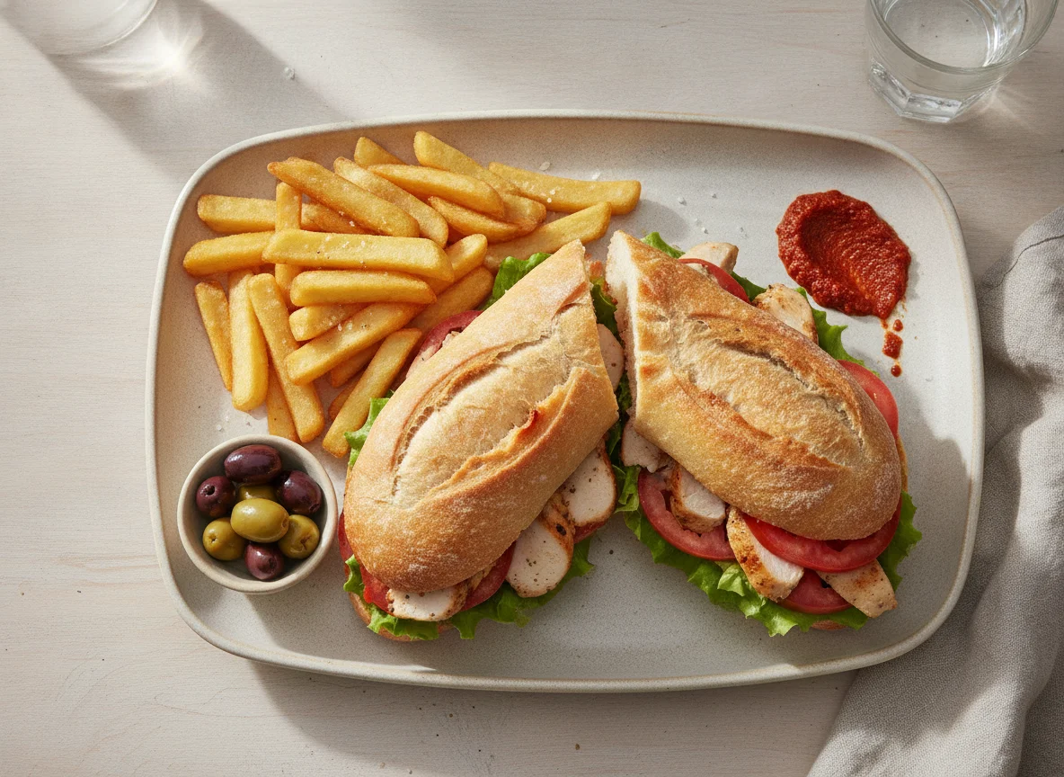 Tunisian Chicken Sandwich with French Fries and Olives photo