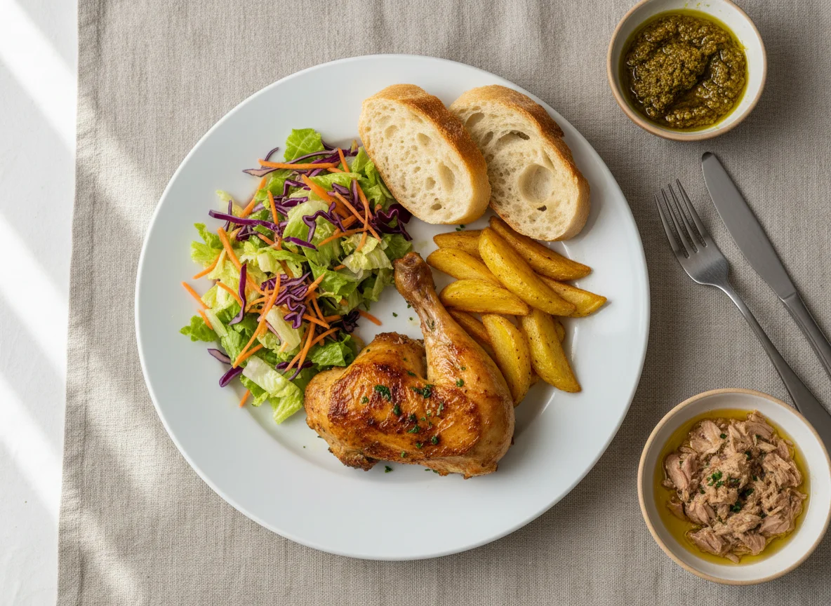 Tunisian Mixed Meal with Roasted Chicken, Salad, Fries, Harissa and Bread photo