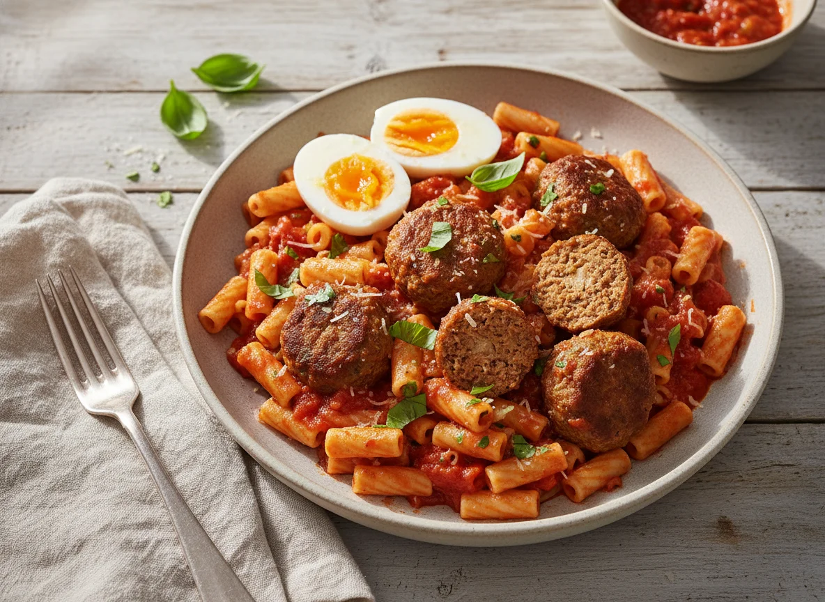 Tunisian Pasta with Meatballs and Hard-Boiled Eggs photo