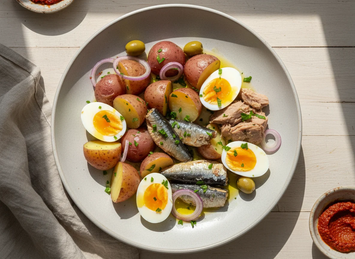 Tunisian Plate with Potatoes, Eggs, Sardines, and Tuna photo