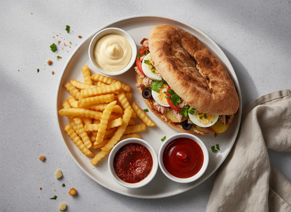 Tunisian Sandwich with Fries and Sauces photo