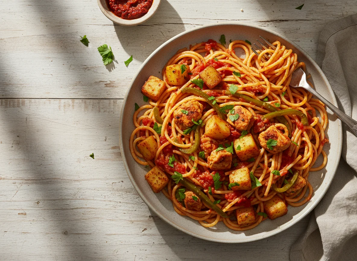 Tunisian Spaghetti with Chicken, Peppers, and Potato photo