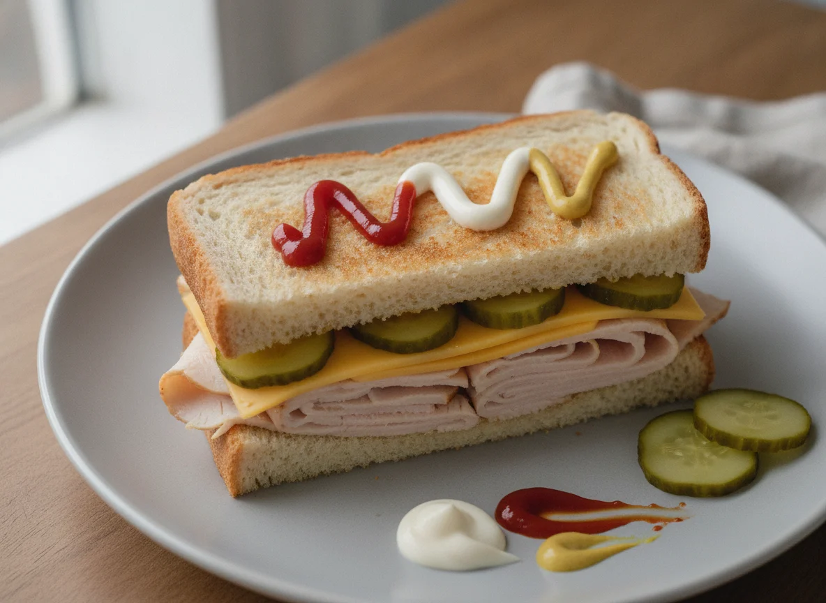Turkey and cheese sandwich with pickles and sauces photo