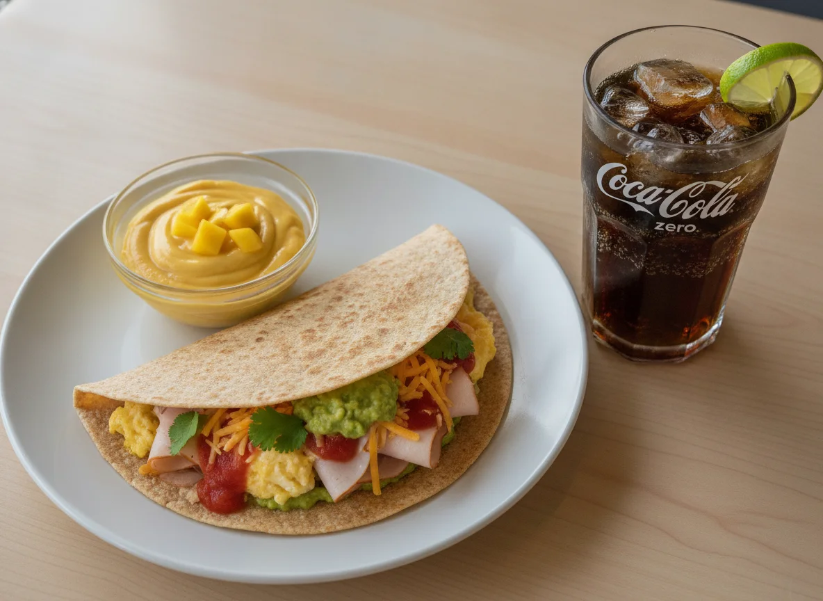 Turkey and Egg Tortilla with Mango Yogurt and Zero Soda photo
