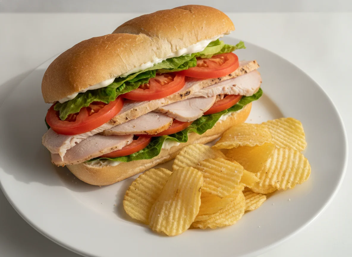 Turkey and Tomato Sandwich with Potato Chips photo