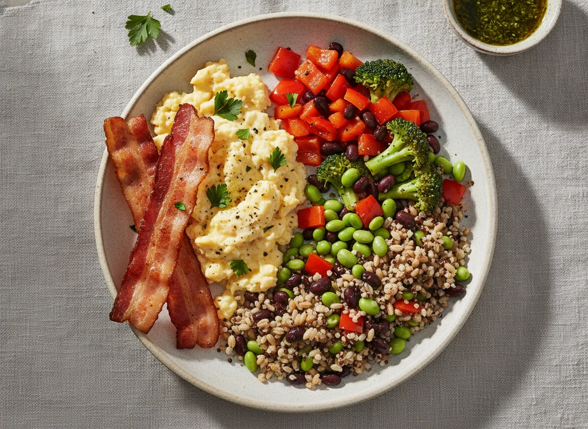 Turkey bacon with scrambled eggs and vegetable medley photo