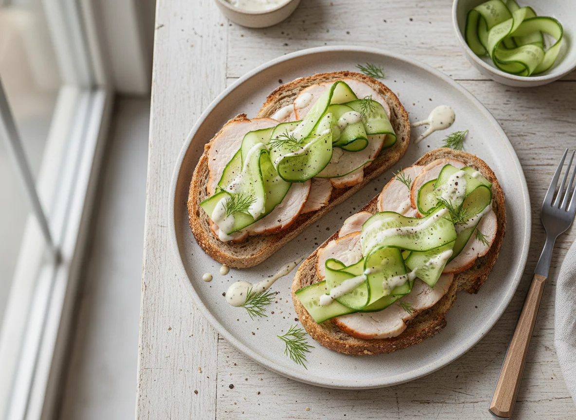 Turkey breast open sandwich with cucumber photo
