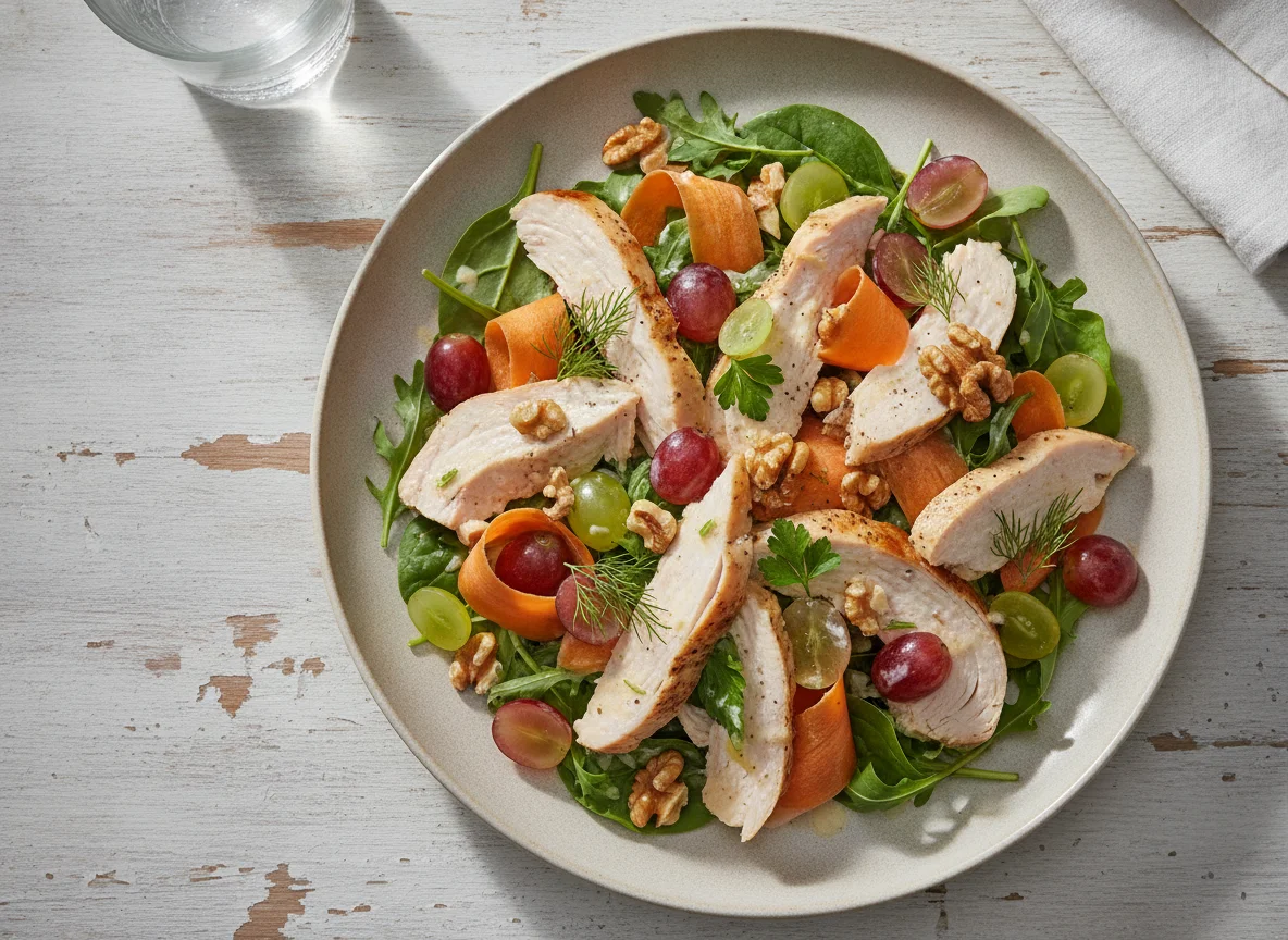 Turkey breast salad with walnuts, grapes, and carrots photo