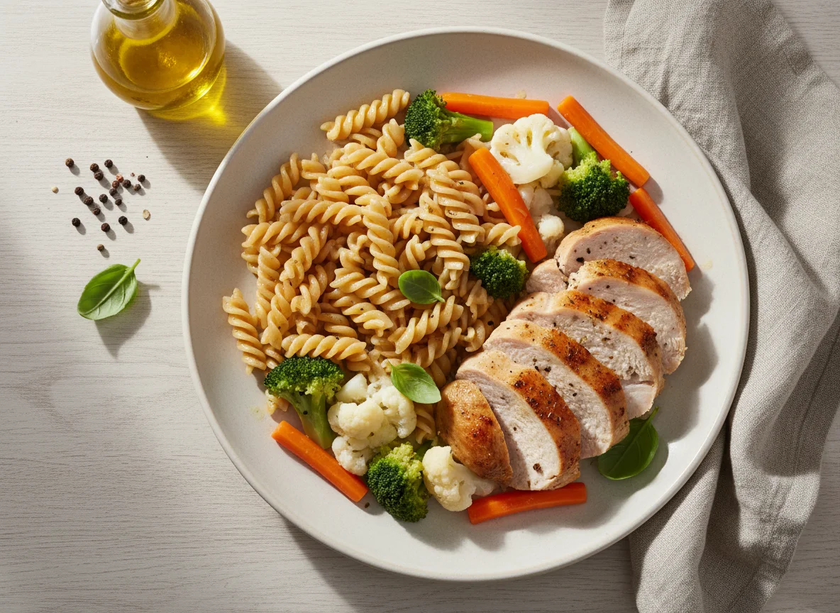 Turkey breast with pasta and mixed vegetables photo