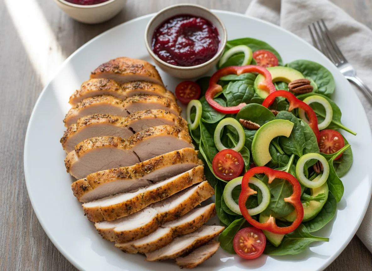 Turkey Breast with Spinach Salad and Avocado photo