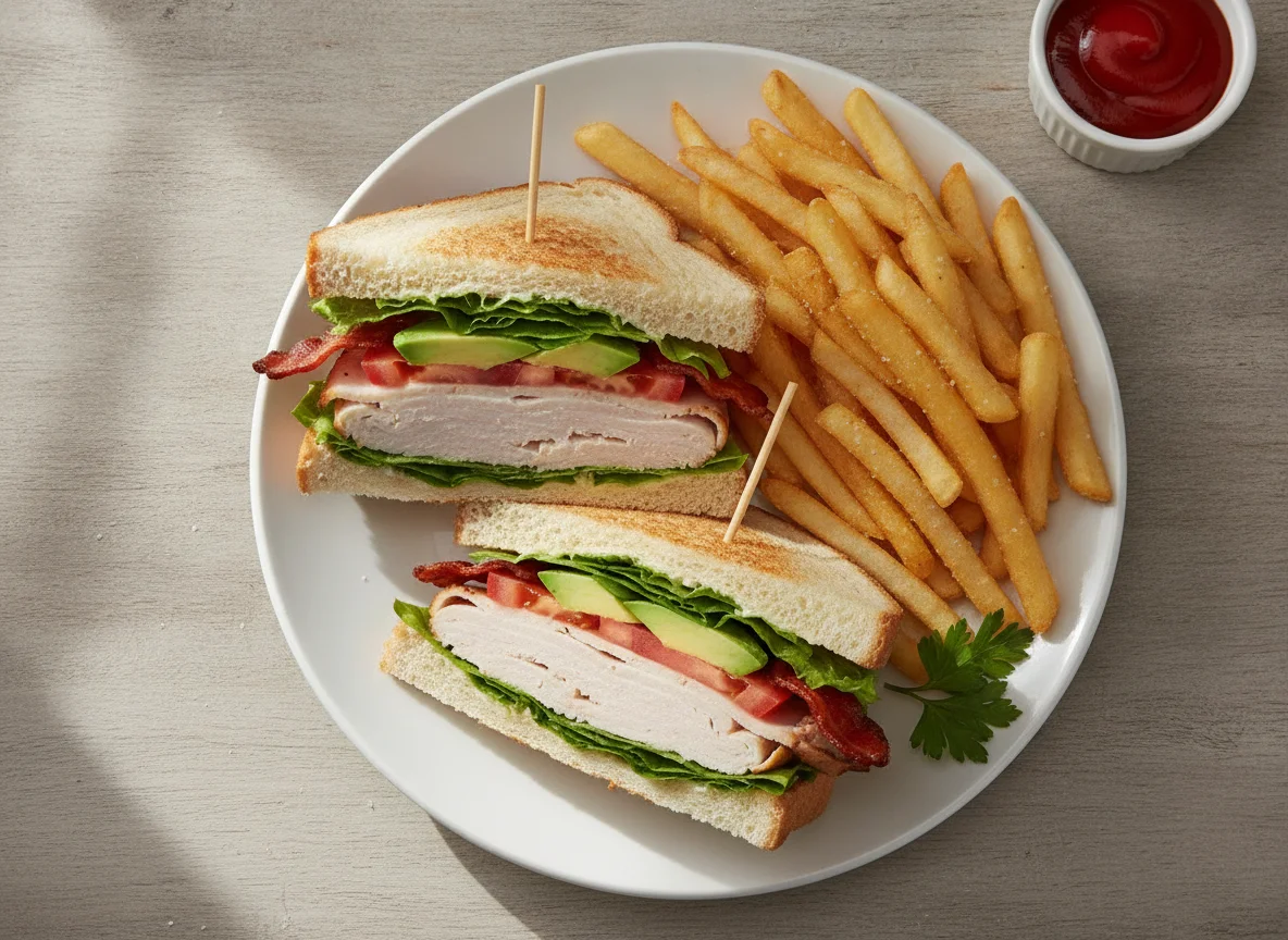 Turkey Club Sandwich with French Fries photo