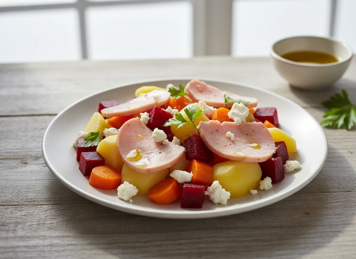 Turkey Ham and Boiled Vegetable Salad with Feta photo