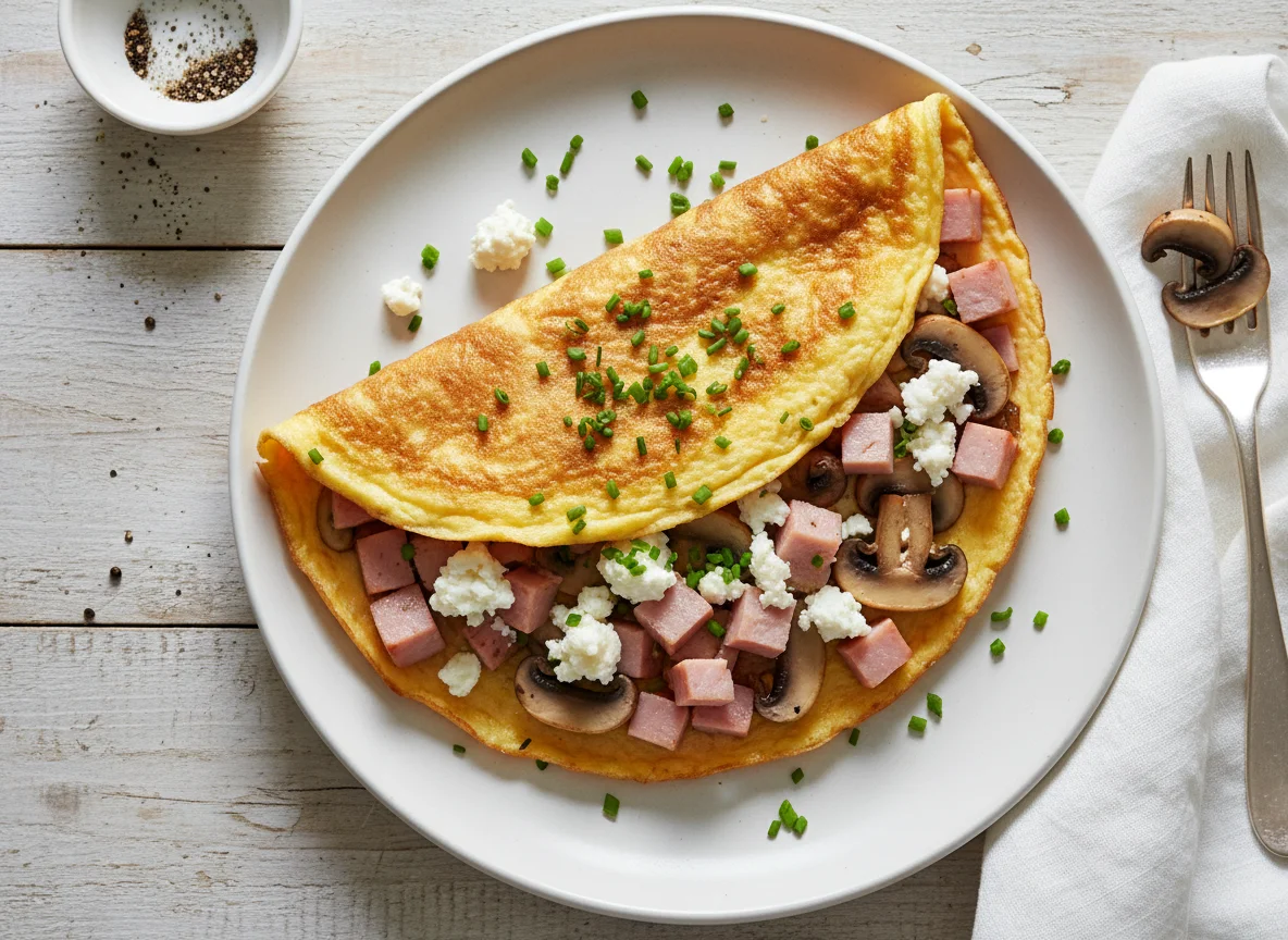 Turkey Ham, Mushroom, and Cheese Omelette photo