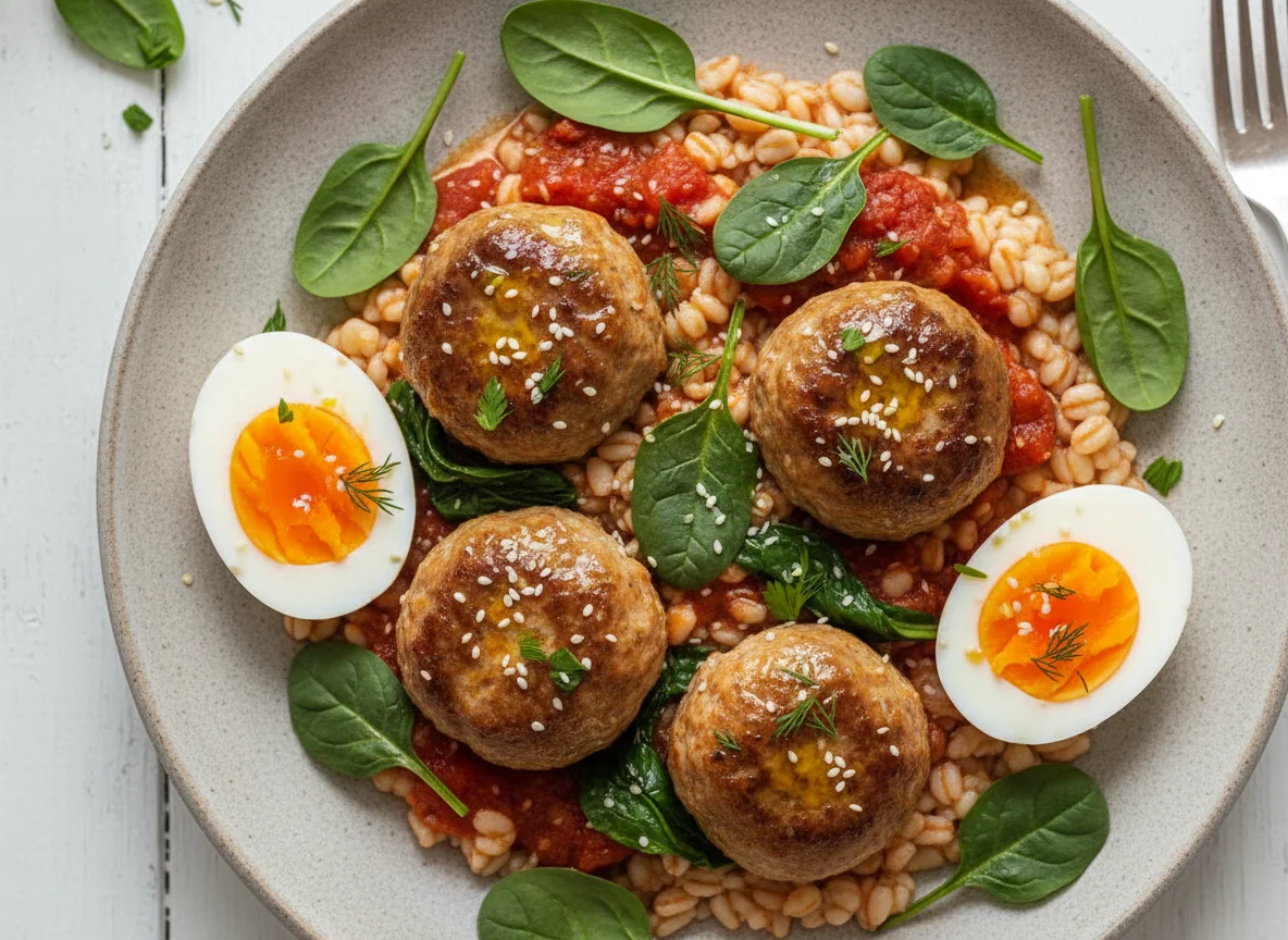 Turkey meatballs with pearl barley and egg photo