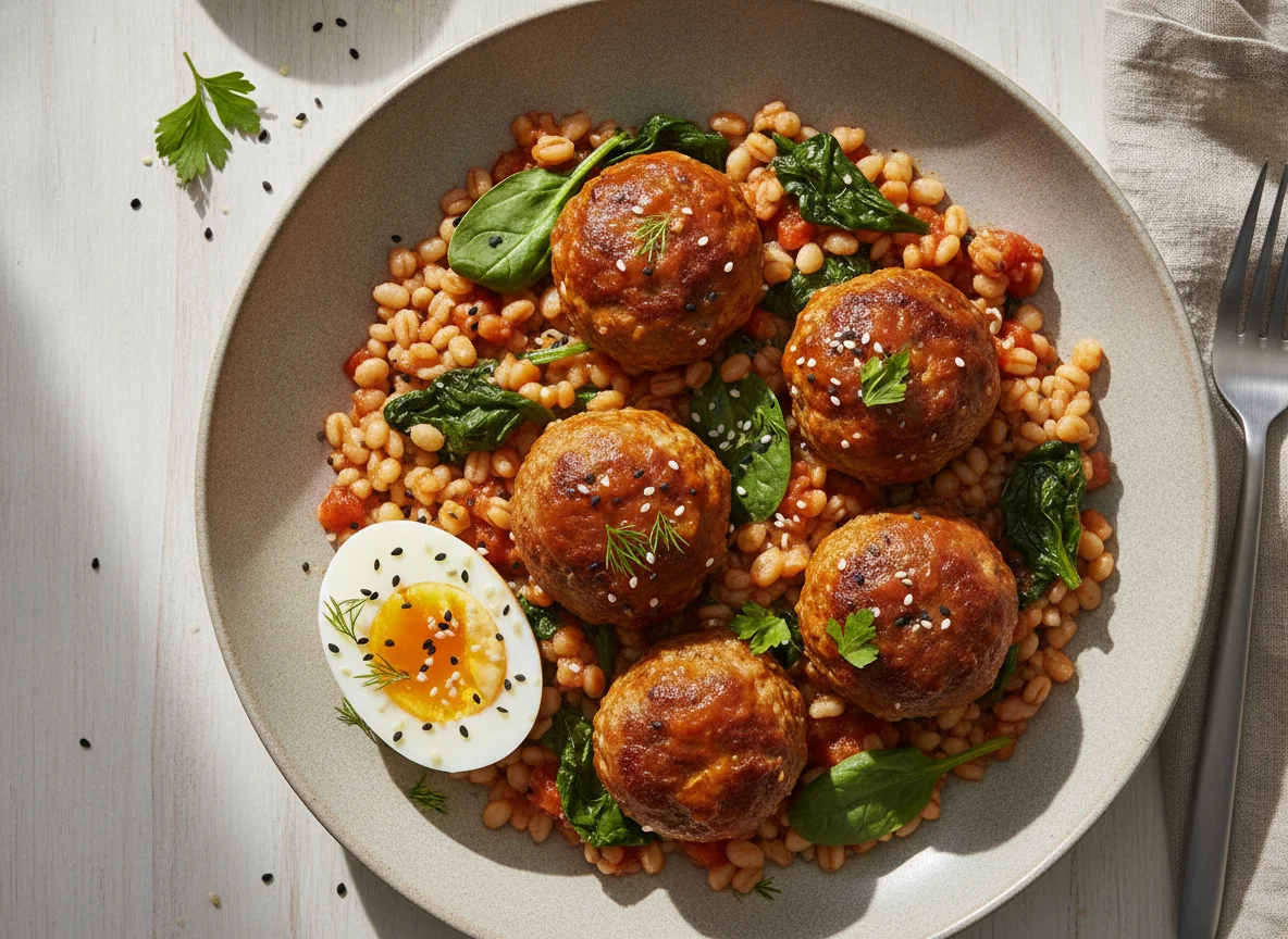 Turkey meatballs with pearl barley, spinach, and egg photo