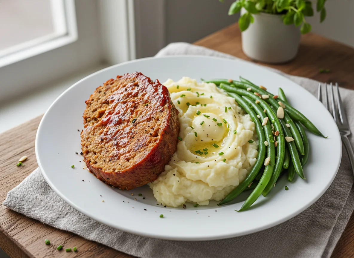 Turkey Meatloaf with Mashed Potatoes and Green Beans photo