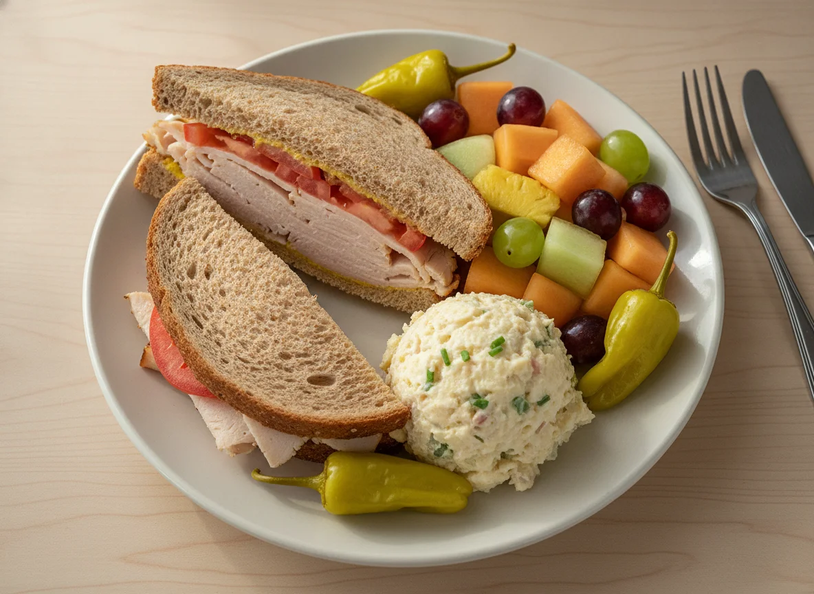 Turkey Sandwich with Potato Salad and Fruit photo