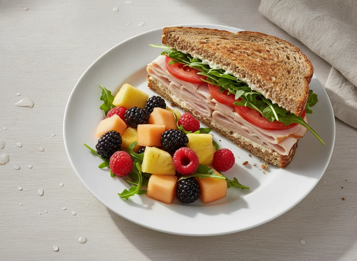 Turkey Sandwich with Side Fruit Salad photo