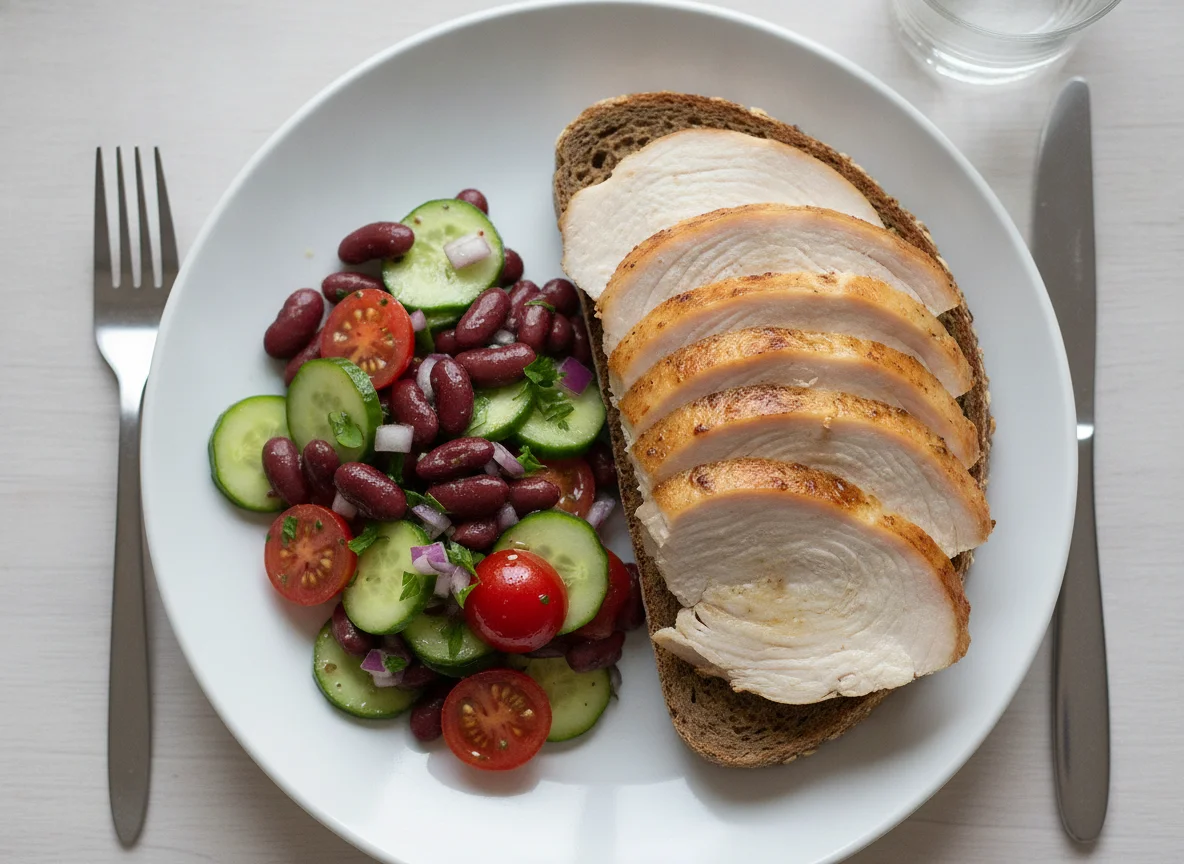 Turkey slices on rye bread with bean salad photo