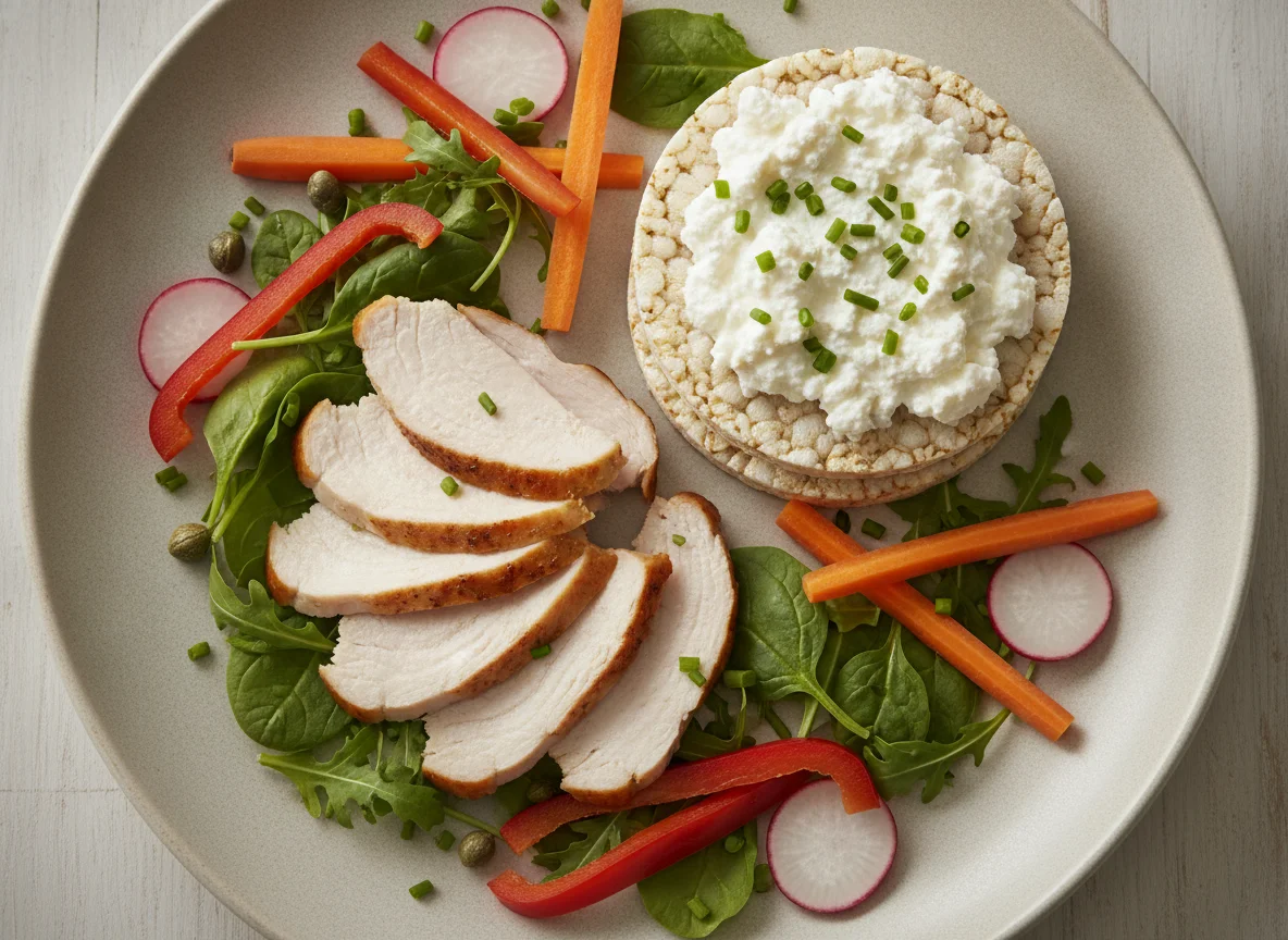 Turkey slices with rice cake and vegetables photo