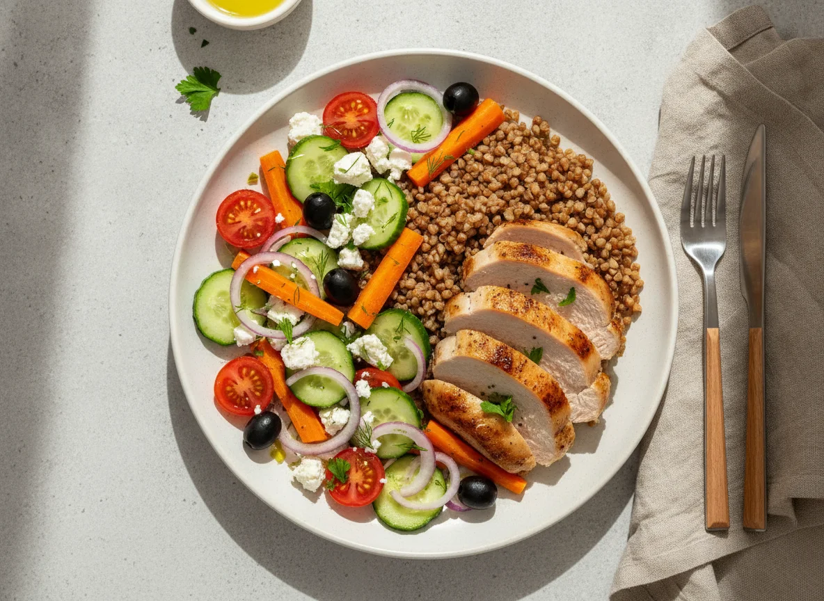 Turkey with buckwheat and fresh salad photo