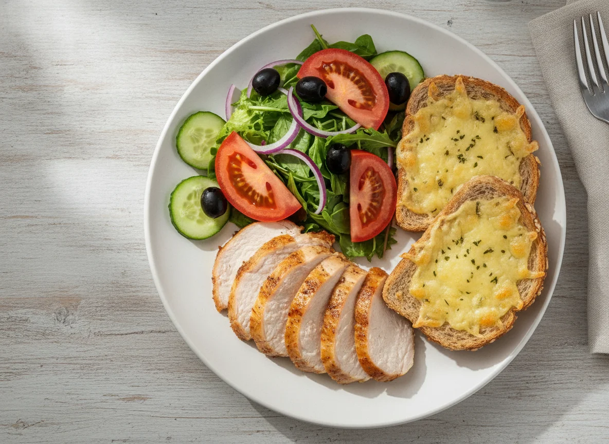 Turkey with salad and cheese toast photo