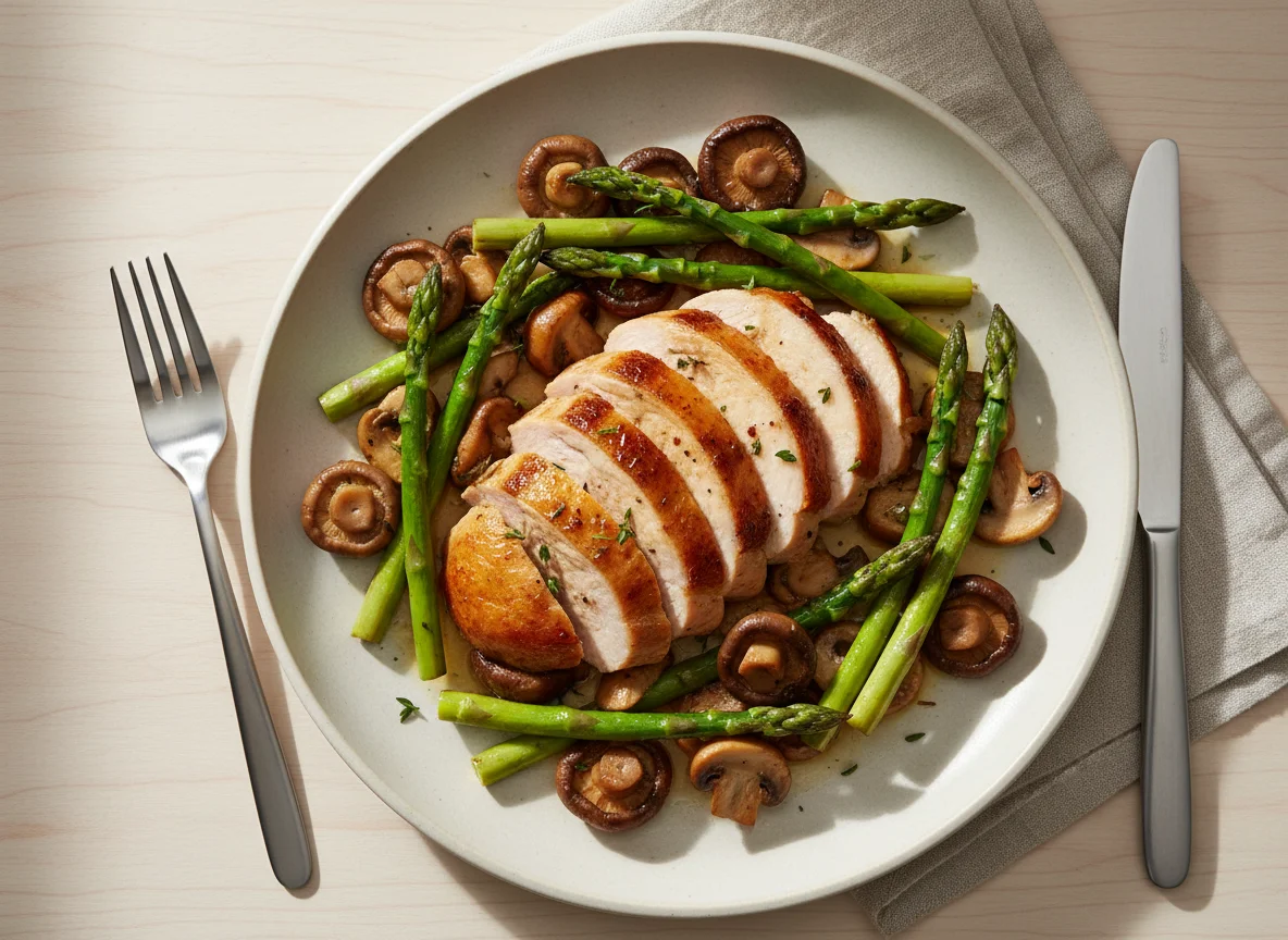 Turkey with Sautéed Mushrooms and Asparagus photo