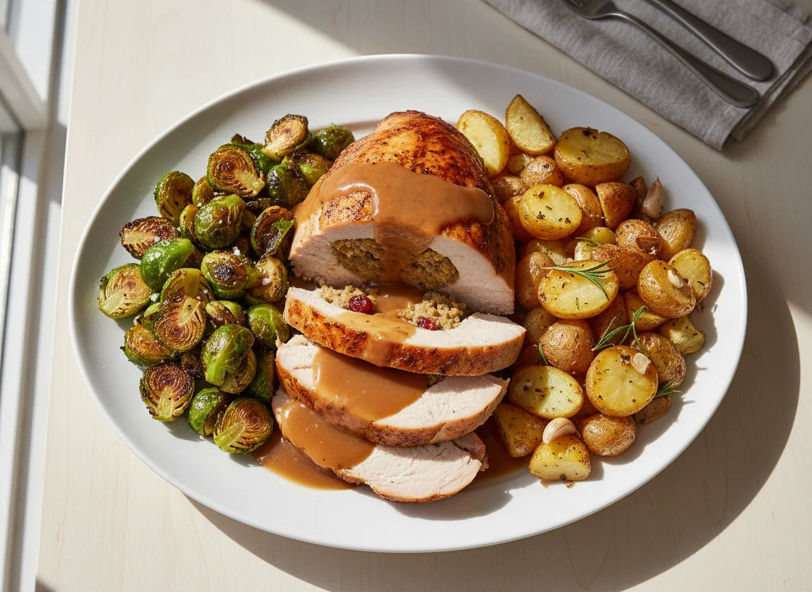 Turkey with Stuffing, Gravy, Brussels Sprouts, and Roasted Potatoes photo