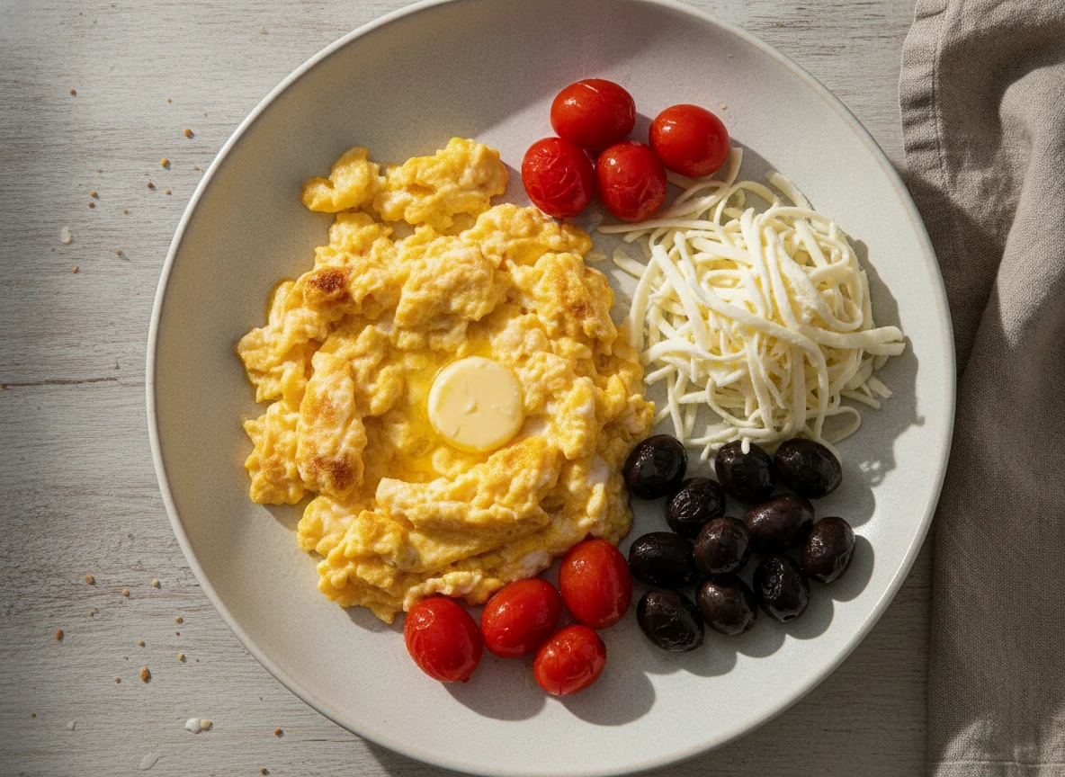 Turkish Breakfast Plate with Scrambled Eggs photo