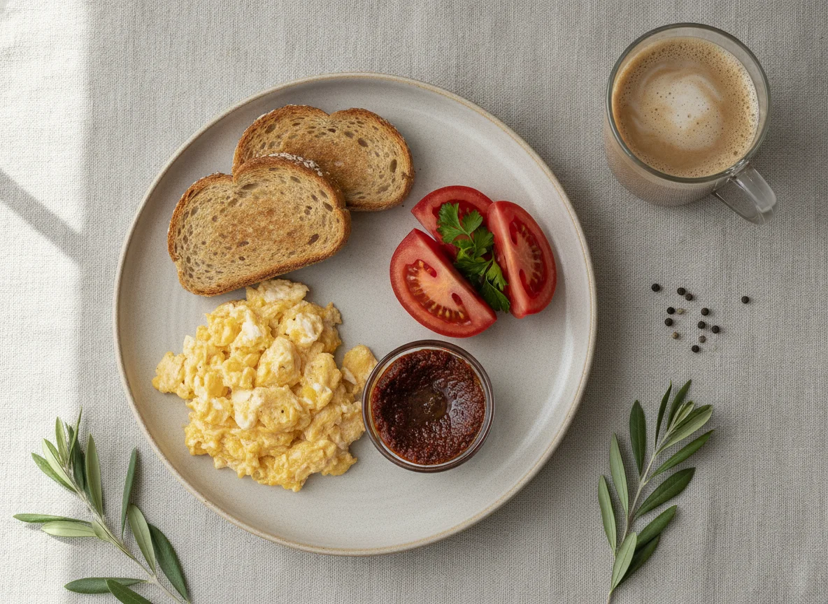 Turkish Breakfast Plate with Scrambled Eggs and Toast photo