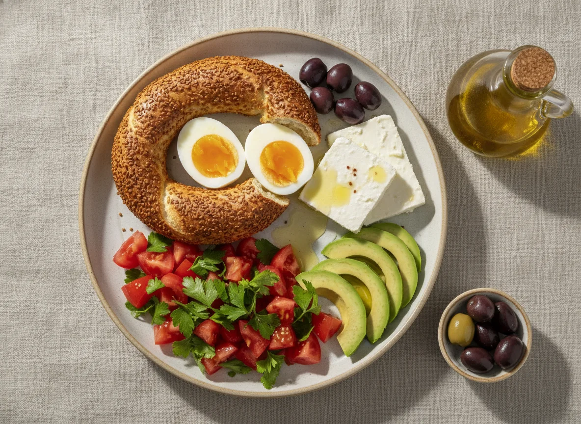 Turkish Breakfast Plate with Simit, Eggs, and Salad photo