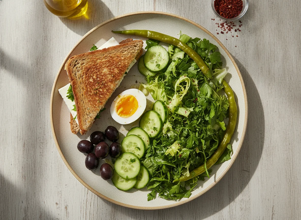 Turkish Breakfast Plate with Toasted Sandwich and Salad photo