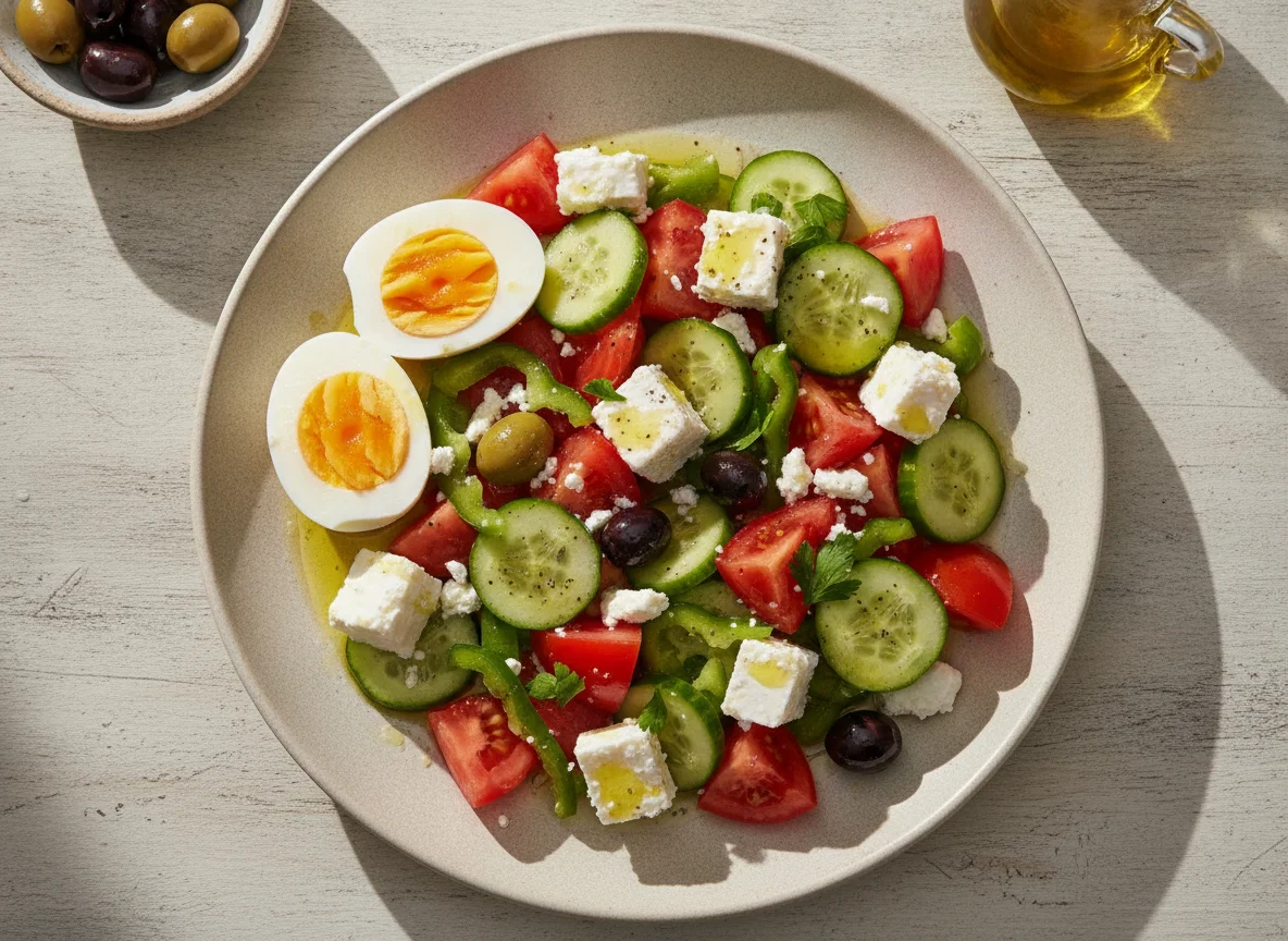 Turkish Breakfast Salad with Boiled Eggs and Feta photo