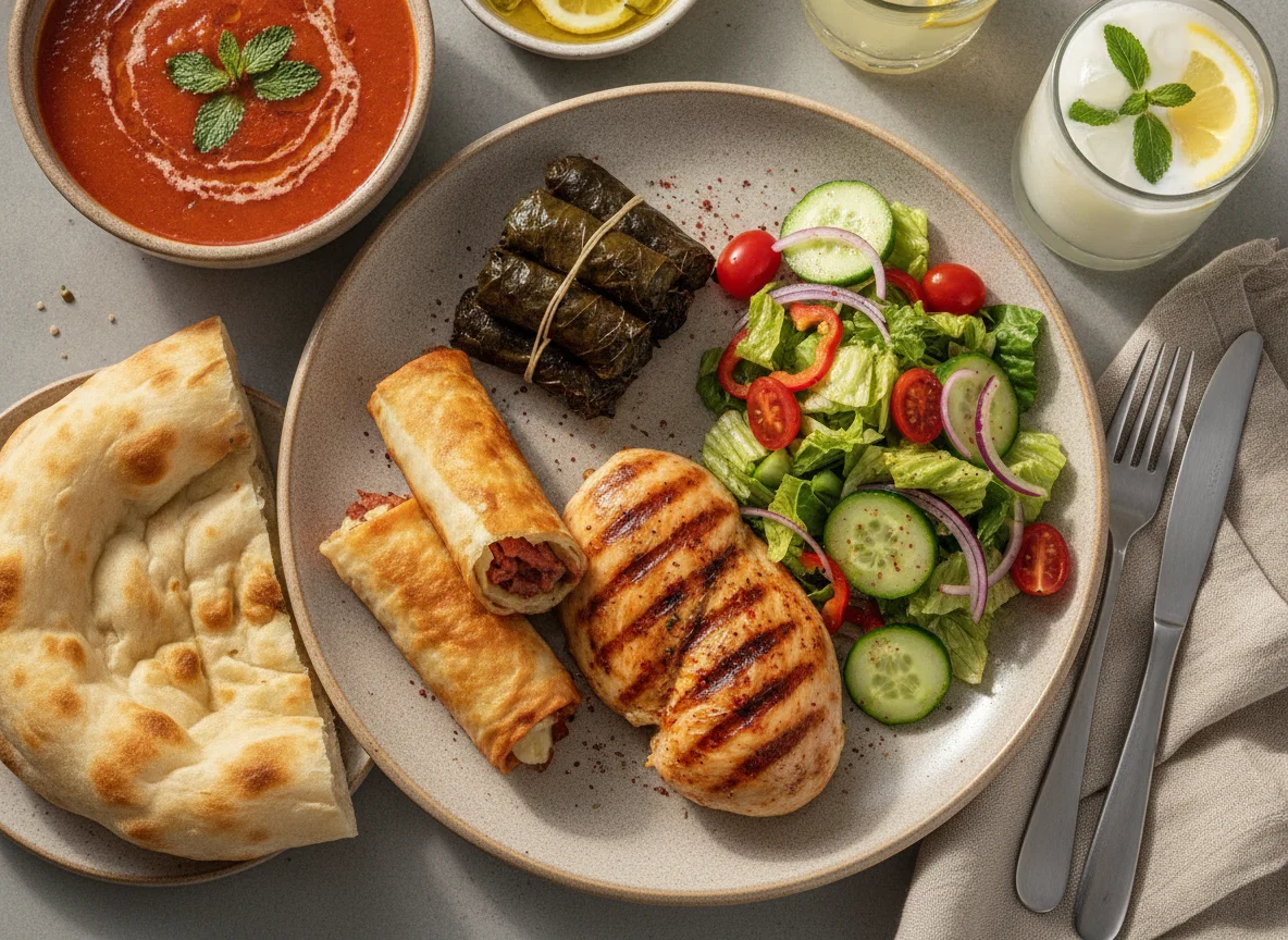 Turkish Dinner Plate with Lentil Soup and Salad photo