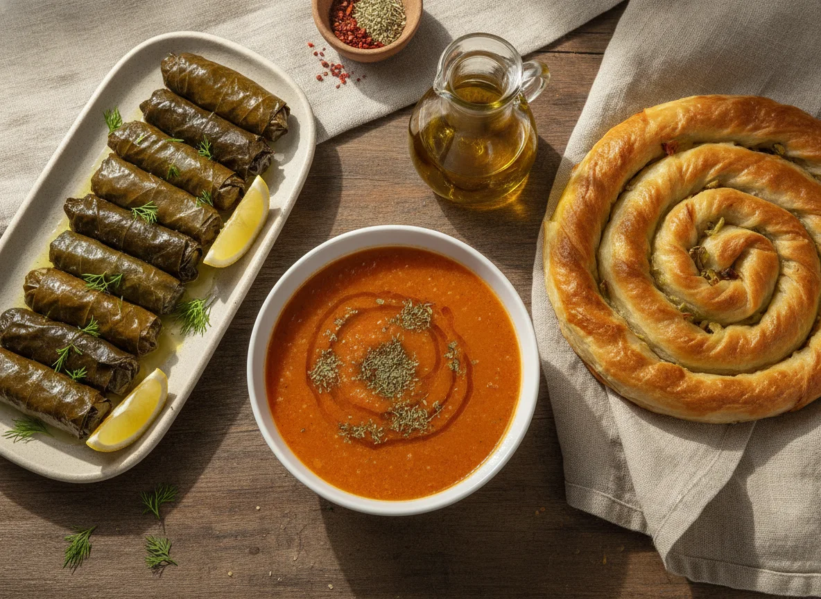 Turkish Dinner with Ezogelin Soup, Stuffed Grape Leaves, and Leek Borek photo