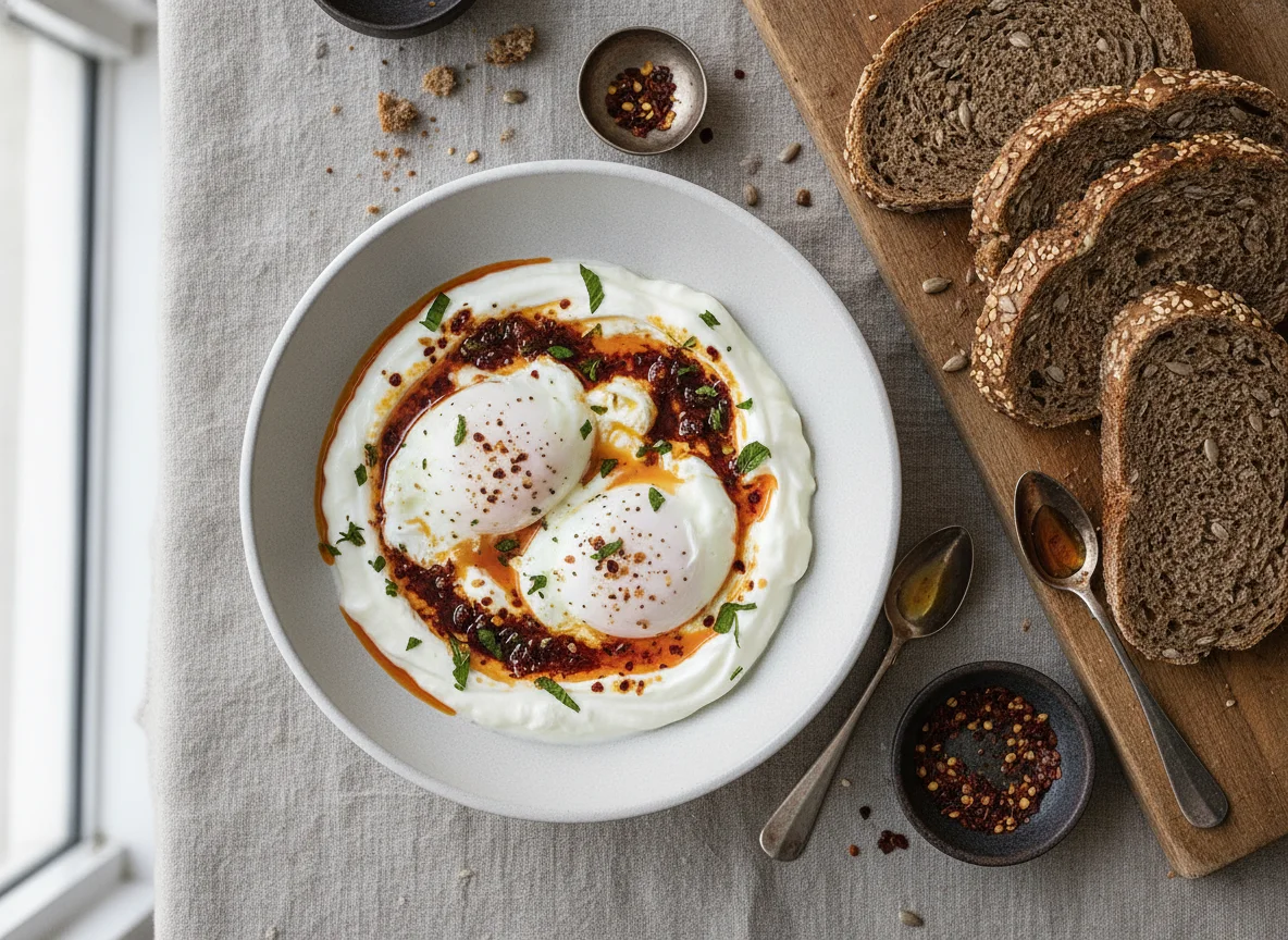 Turkish Eggs (Cilbir) with Rye Bread photo