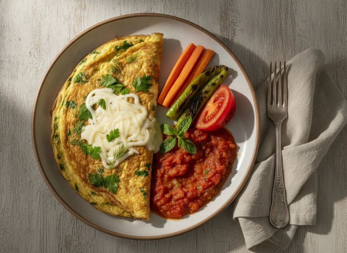 Turkish Herb Omelette with String Cheese and Vegetables photo