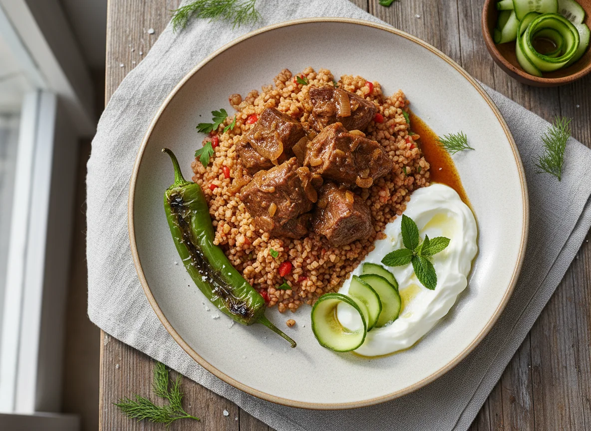 Turkish Meal with Bulgur Pilaf, Meat, Yogurt, and Cucumber photo
